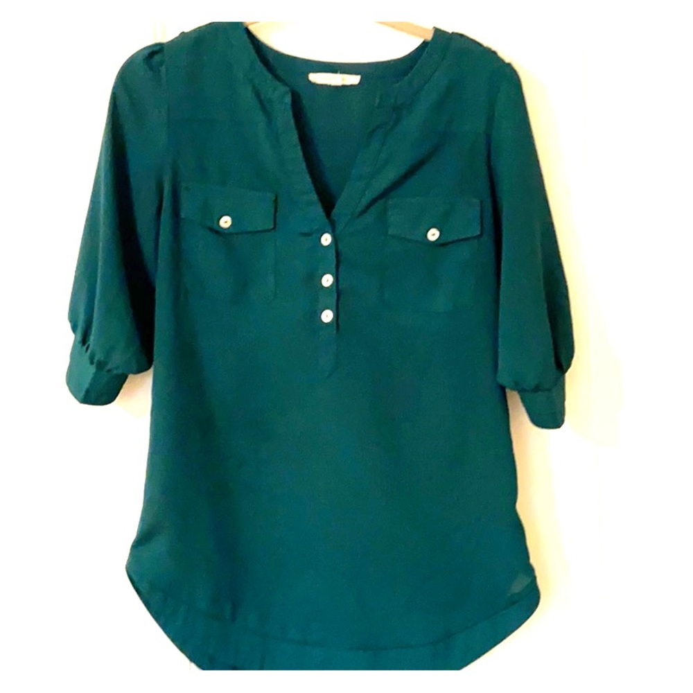 41 Hawthorne Balloon Sleeve Blouse Dark Green XS